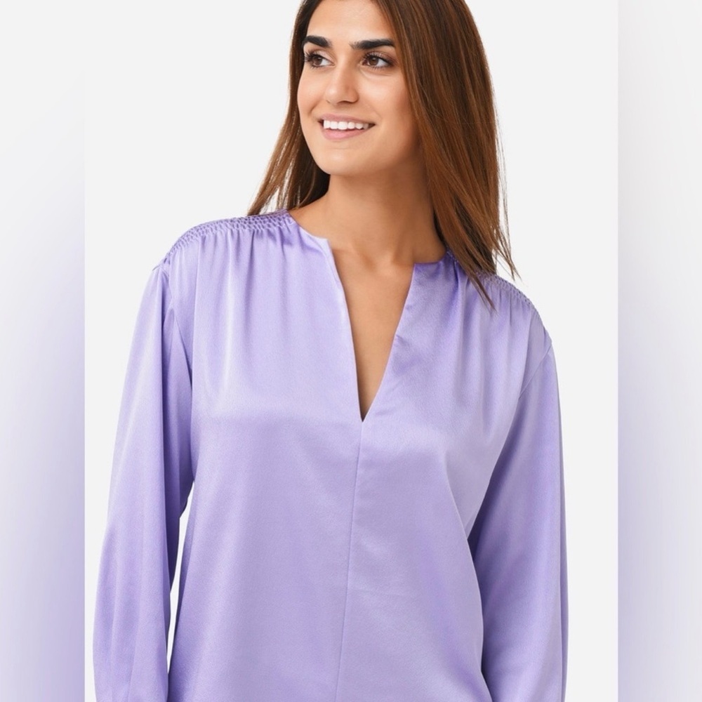 VINCE Women’s Smocked Long Sleeve V-Neck Blouse Lily Stone Purple Plus Size 2XL